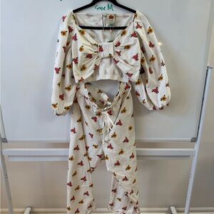 FARM Rio Cream Floral Bow Crop Top and Baggy draw string, Wide Leg Pants Set
